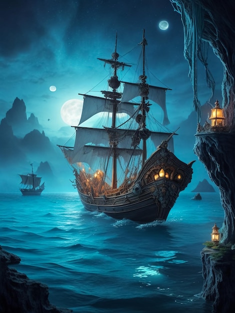 Pirate ship on the ocean at full moon background old sailing ship in the sea expedition ship trav