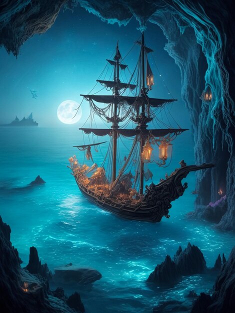 Pirate ship on the ocean at full moon background old sailing ship in the sea expedition ship trav