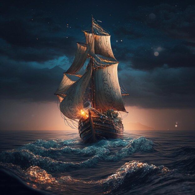 Pirate ship in the ocean at night with full moon generative ai