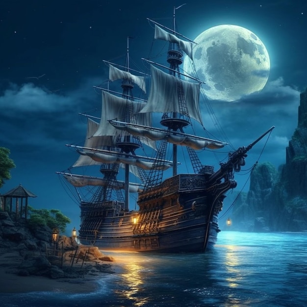 a pirate ship in the ocean at night