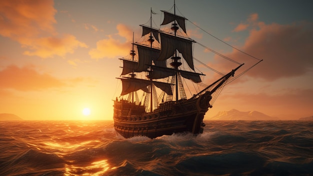 Пиратский корабль, океан, закат, динамическое освещение, цифровое искусство, созданное искусственным интеллектом.