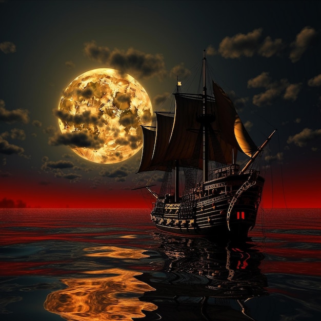 a pirate ship in the ocean with the moon behind it