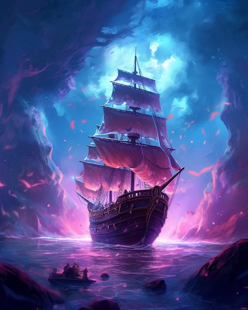 Pirate ship in the ocean with a pink sky and clouds generative ai