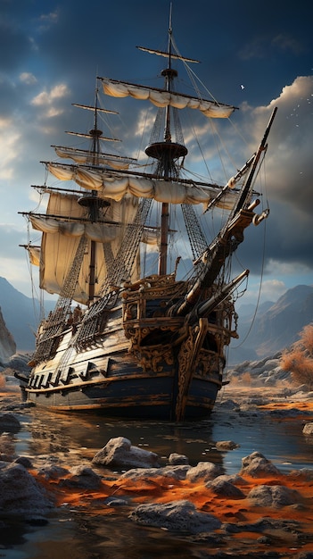 A pirate ship in the ocean