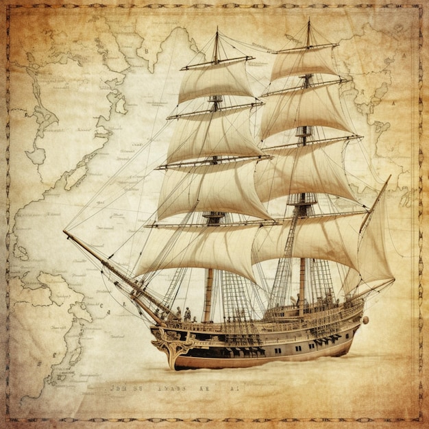 Pirate ship old nautical map background painting artwork picture AI generated art