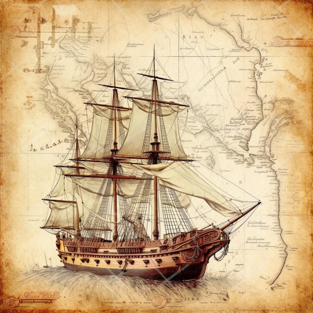 Pirate ship old nautical map background painting artwork picture AI generated art