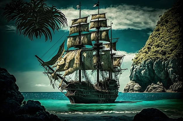 Photo pirate ship at the open sea close to rocks and small island with palms neural network generated art