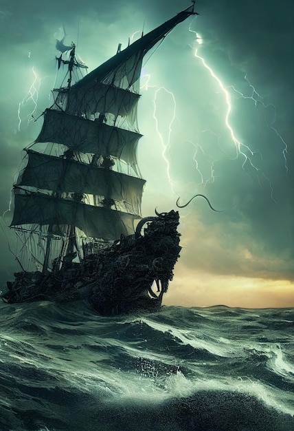 Pirate ship on rough seaswaves lightning storm rain ai neural\
network computer generated art