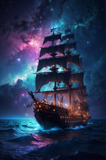하늘에 은하가 있는 바이올루미네센스 바다로 항해하는 해적선