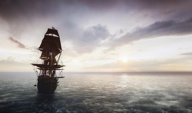 Photo pirate ship sailing on the ocean at sunset vintage cruise