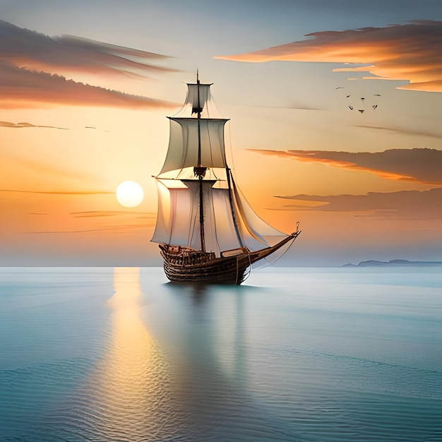 A pirate ship sailing in the ocean at sunset