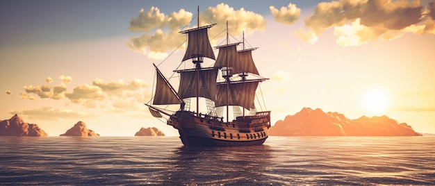 Pirate ship sailing on the open sea with the wind in its sails and the sun setting in the backgroun