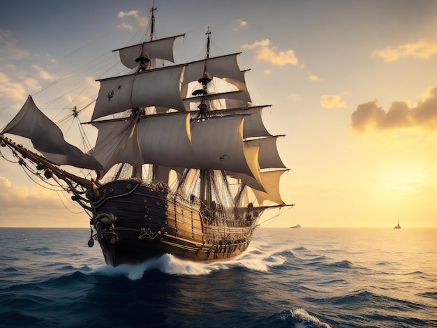 Пиратский корабль, плывущий по морю.