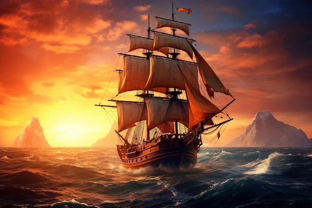 Pirate ship sailing on the sea