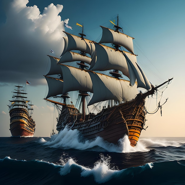 海船を航行する海賊船