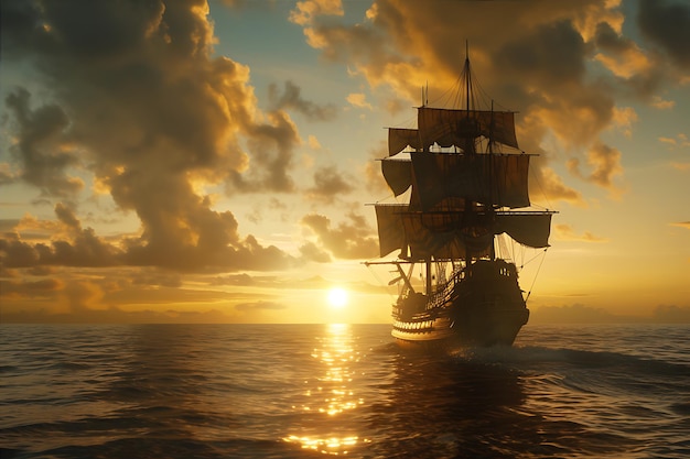 Pirate ship sails sea sunset