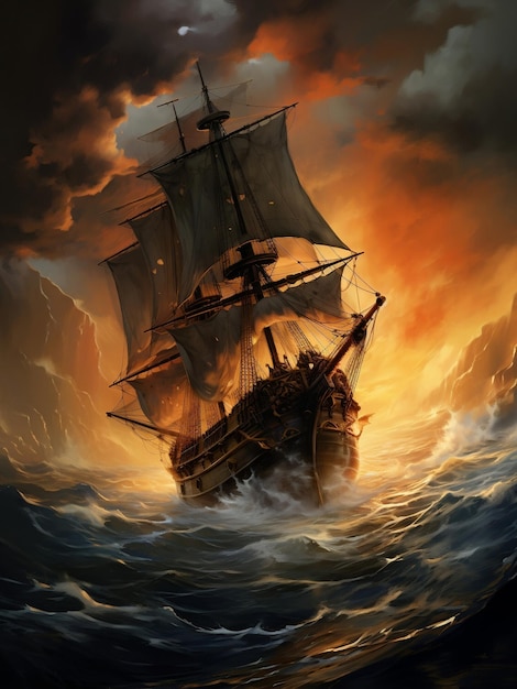 A pirate ship sails through the smoky and stormy waves