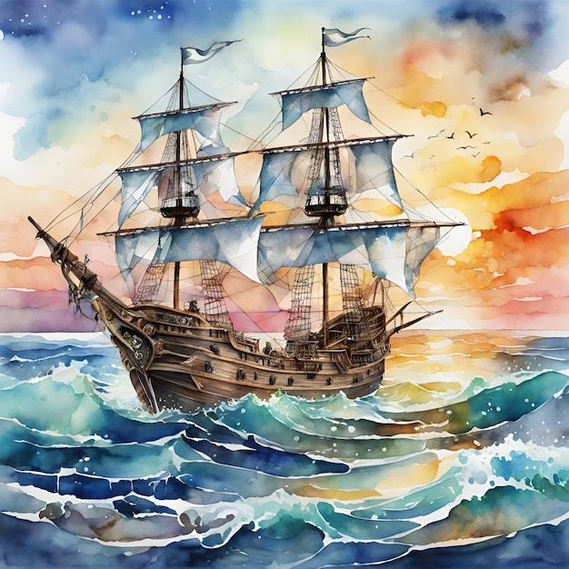 Photo pirate ship on the sea watercolor painting