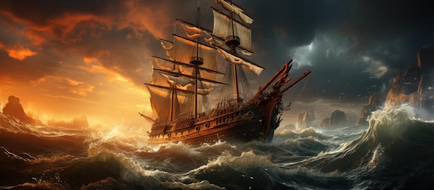 Pirate ship in the sea with stormy waves