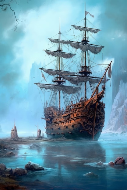 Pirate ship and ship in water