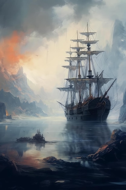 Pirate ship and ship in water