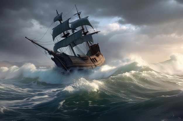 波が船体に打ち寄せ、嵐の海に沈む海賊船