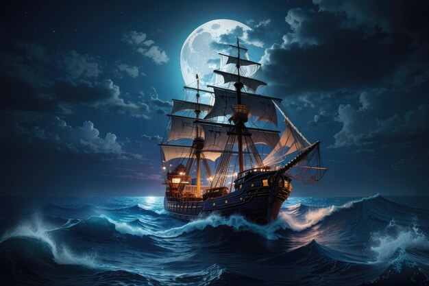 pirate ship in storm in ocean at night photo