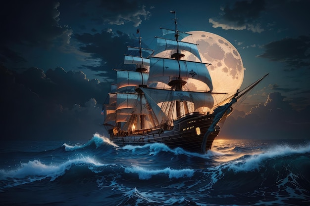 pirate ship in storm in ocean at night photo