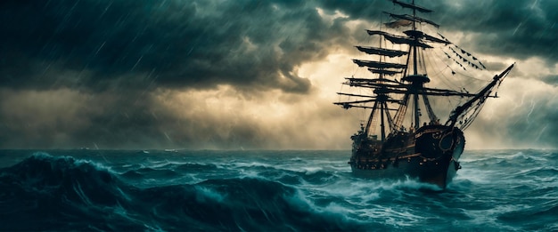 A pirate ship in a storm