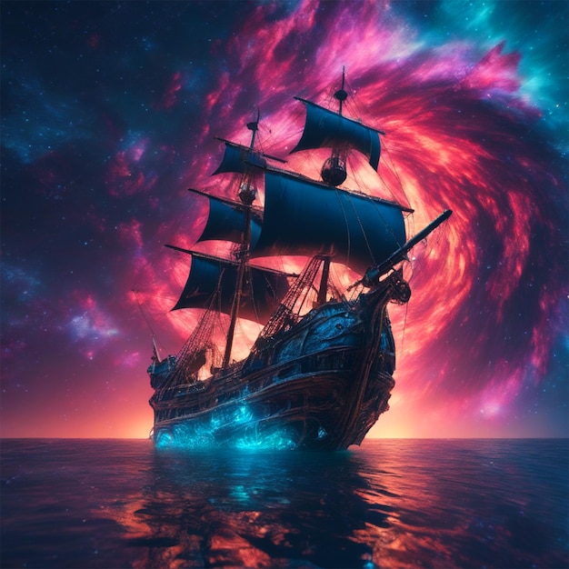 Pirate Ship Stuck In A Cosmic Maelstrom Nebula Aquarium Rendered In Cosmic Beach Whirpool Engine