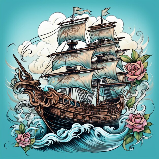 pirate ship tattoo style vector background art