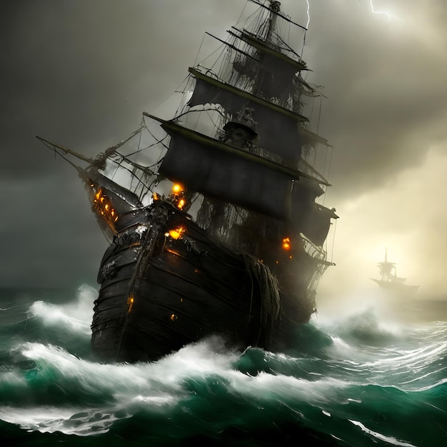 pirate ship in thunder storm day