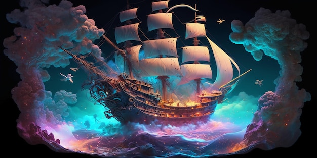 Pirate ship trapped in a cosmic maelstrom nebula.