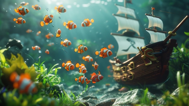 A pirate ship underwater with fish crew cartoon 3D