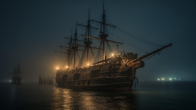 A pirate ship in the water at night