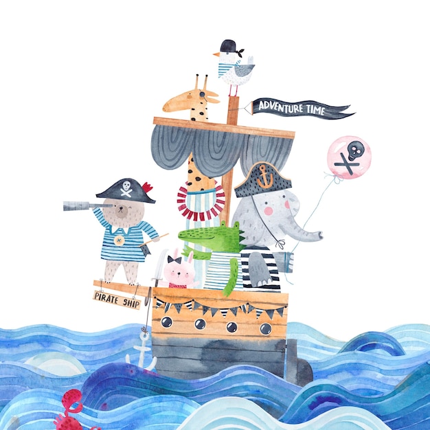 Pirate ship on the waves watercolor poster illustration of a\
pirate ship with cute animal traveler