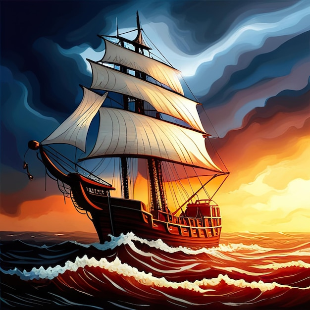 Pirate in ship which is sailing in dark sea sky is dark blue and clouds and thunderstorms coming in