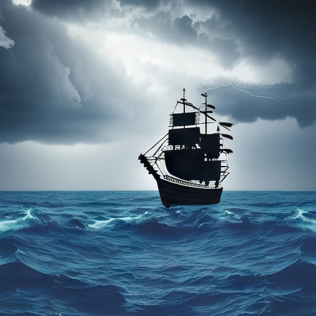 Pirate in ship which is sailing in dark sea sky is dark blue and clouds and thunderstorms coming in