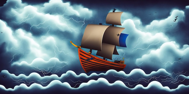 Pirate in ship which is sailing in dark sea sky is dark blue and clouds and thunderstorms coming in