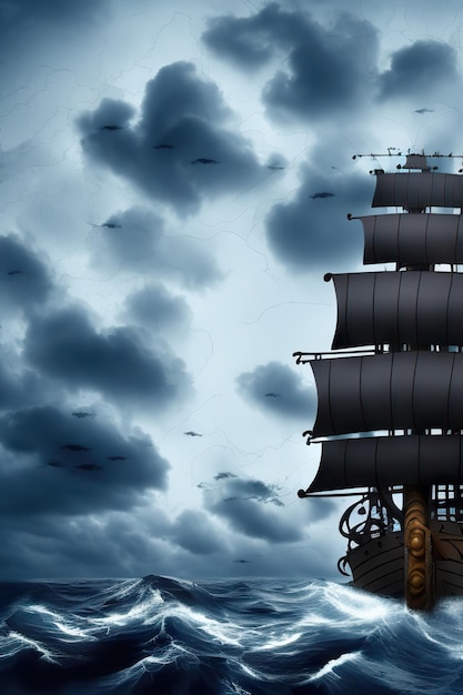 Пират на корабле, который плывет в темном морском небе, темно-синий, и наступают облака и грозы.
