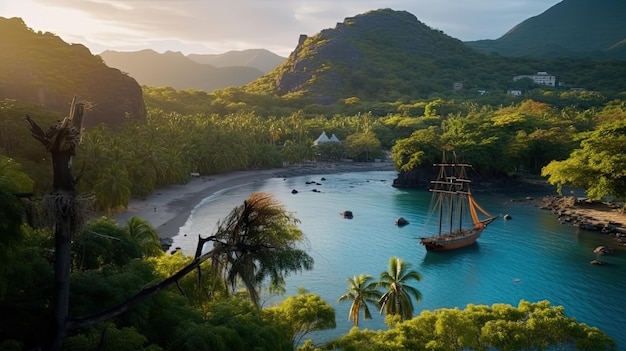 Pirate ship with lowered sails drifts on azure sea during calm arriving to hilly coast