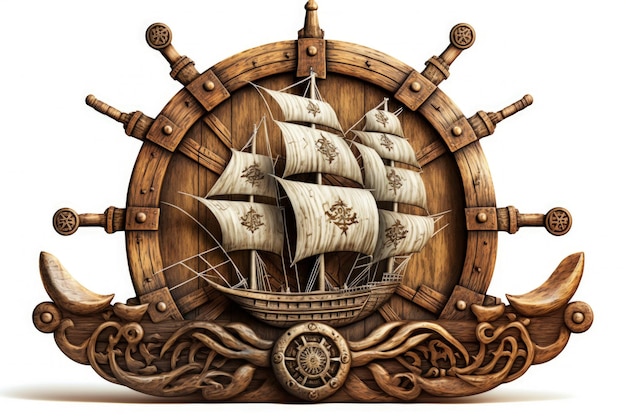 Pirate ship wooden helm illustration white background Generative AI