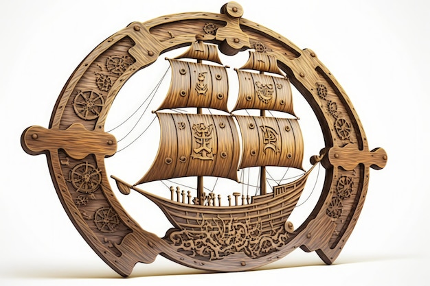 Pirate ship wooden helm illustration white background Generative AI