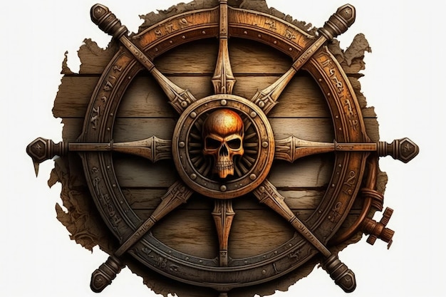 Pirate ship wooden helm illustration white background Generative AI