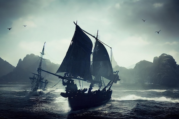 Пиратские корабли в бурном море с высокими волнами под небом с серыми тяжелыми облаками 3d иллюстрация