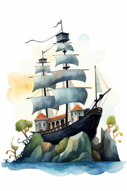 白い背景の水彩画の海賊船と帆はジェネレーティブAI技術で作成されました