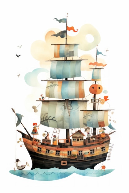 白い背景の水彩画の海賊船と帆はジェネレーティブAI技術で作成されました