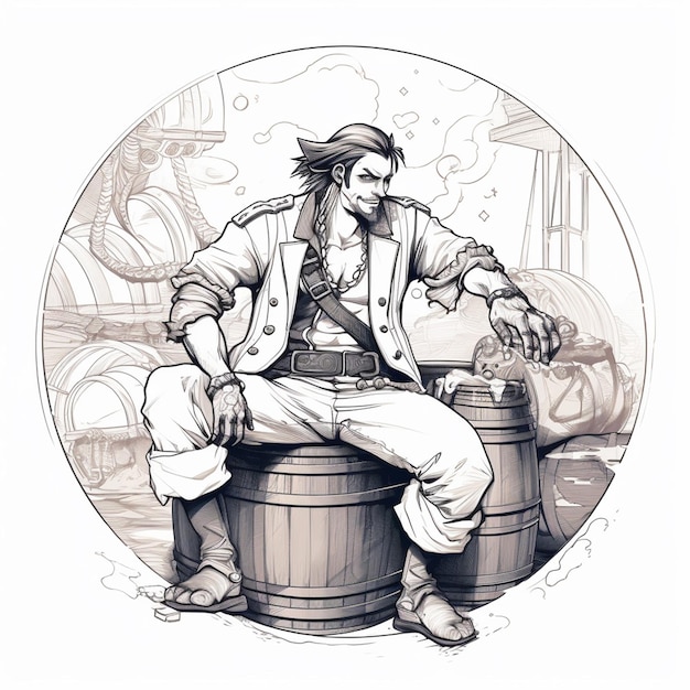 A pirate sits on a barrel with a barrel of beer in it.