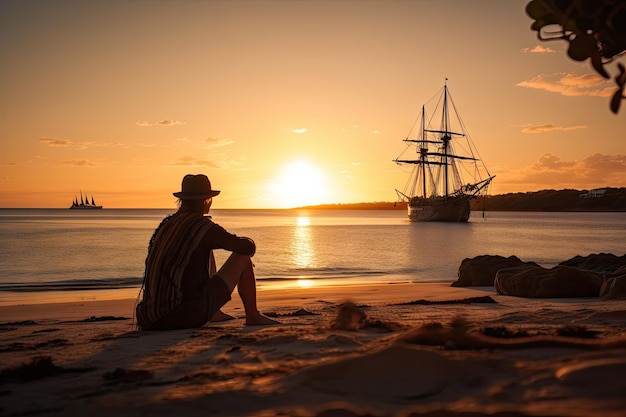 Пират сидит на пляже на закате с видом на парусник вдалеке