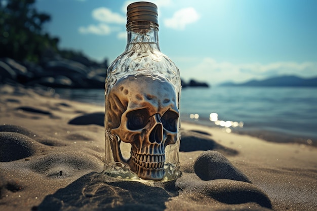 Пиратский череп внутри стеклянной бутылки затерянный остров на заднем плане Генеративный ИИ